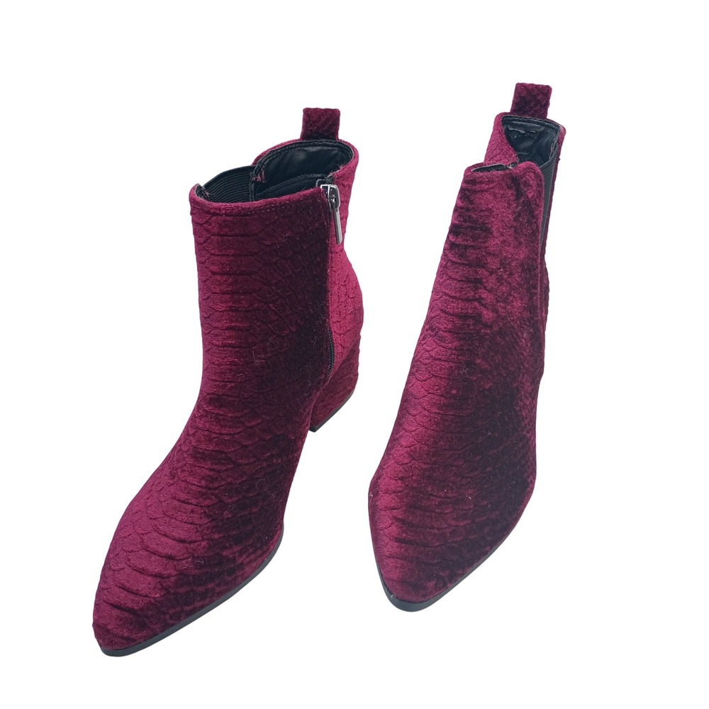Scoop Burgundy Velvet Snakeskin Embossed Pointed Toe Block Heel Ankle Boots Sz 8